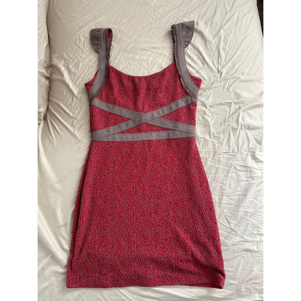 Free People Red Textured Mini Dress Cage Cross Back Flutter Sleeve Small